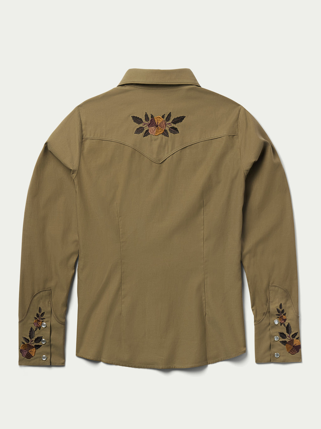 Women’s embroidered snap shirt, chestnut-brown, stand collar, long sleeves, front buttons