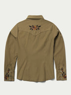 Women’s embroidered snap shirt, chestnut-brown, stand collar, long sleeves, front buttons