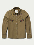Women’s chestnut-brown embroidered snap shirt with long sleeves and button front