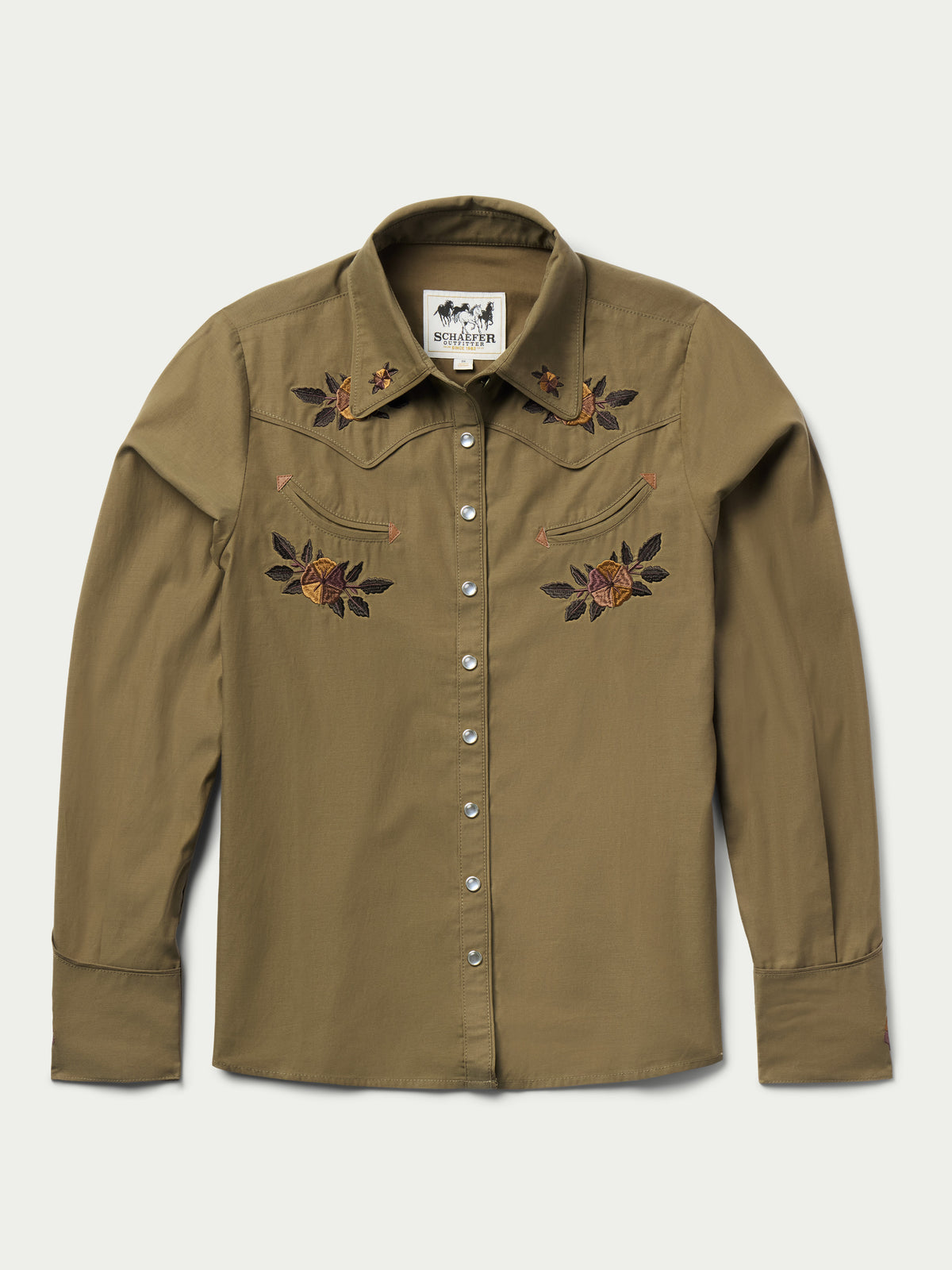 Women’s chestnut-brown embroidered snap shirt with long sleeves and button front