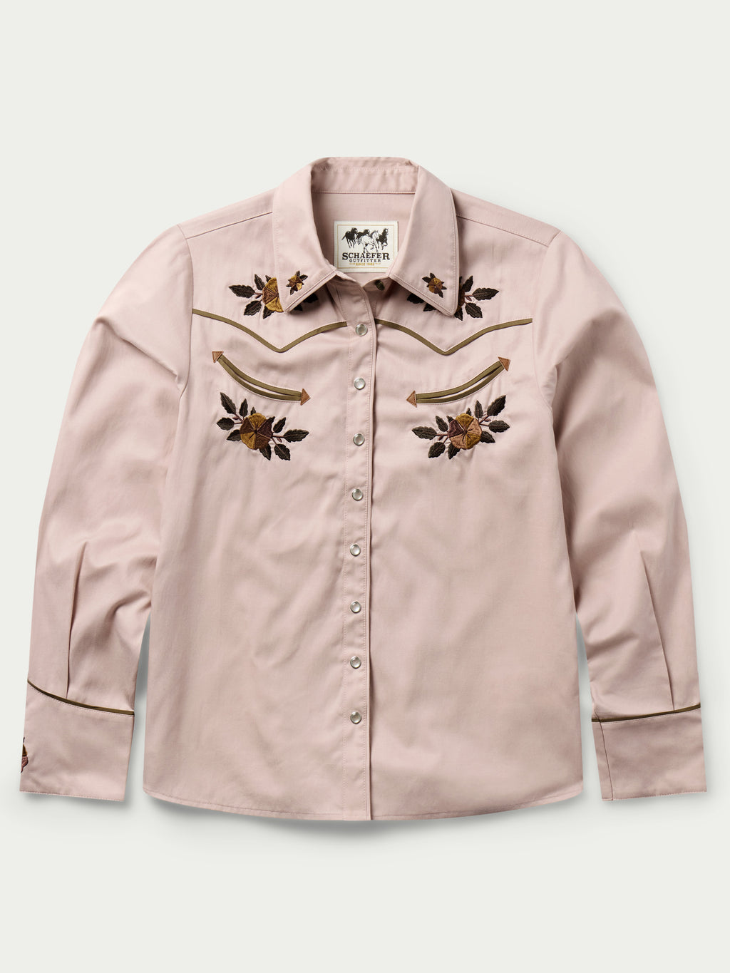 Women’s desert rose embroidered snap shirt with front button placket and floral yoke design