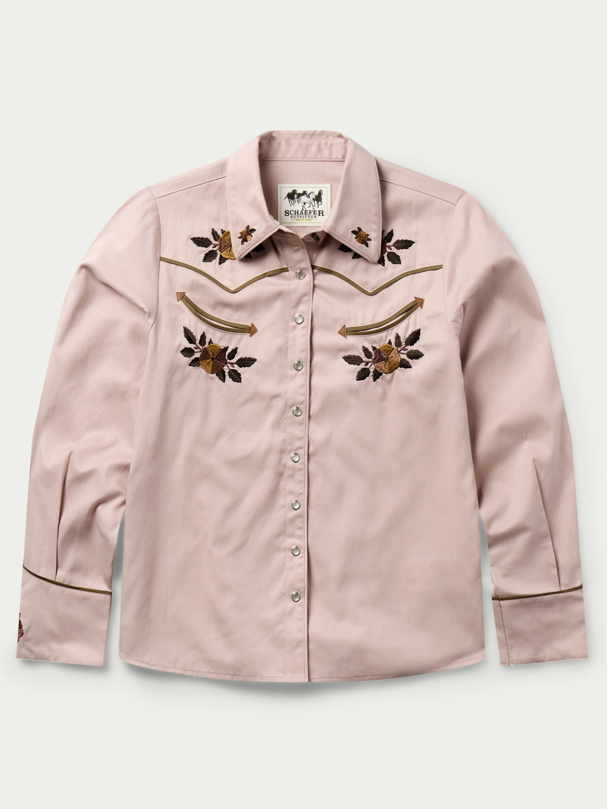Women’s desert rose embroidered snap shirt with front button placket and floral yoke design