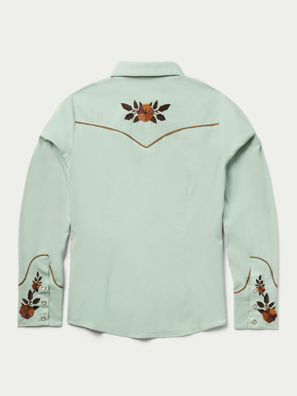 Jade women's embroidered snap shirt back view with yoke floral design and cuffs