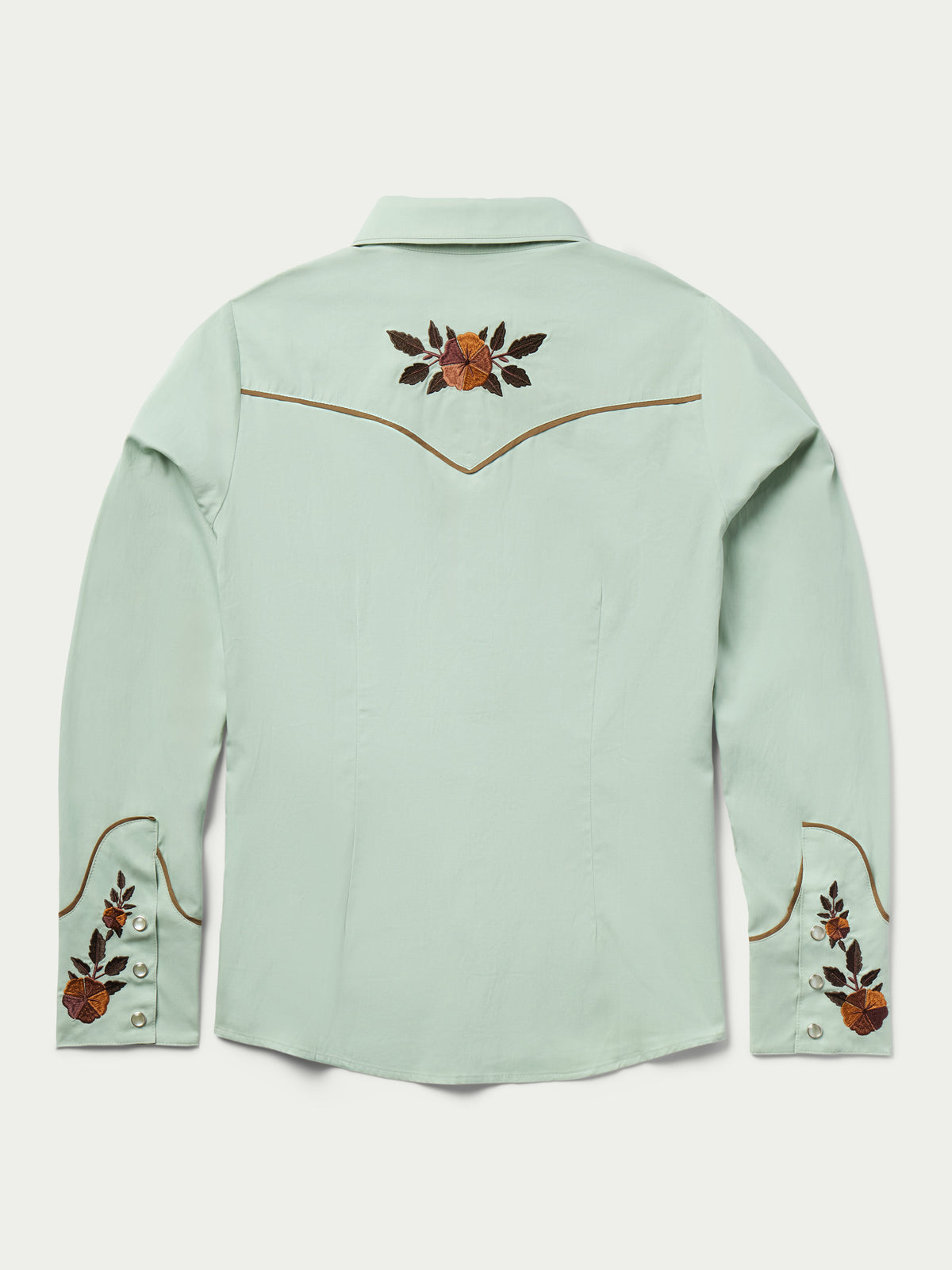 Jade women's embroidered snap shirt back view with yoke floral design and cuffs