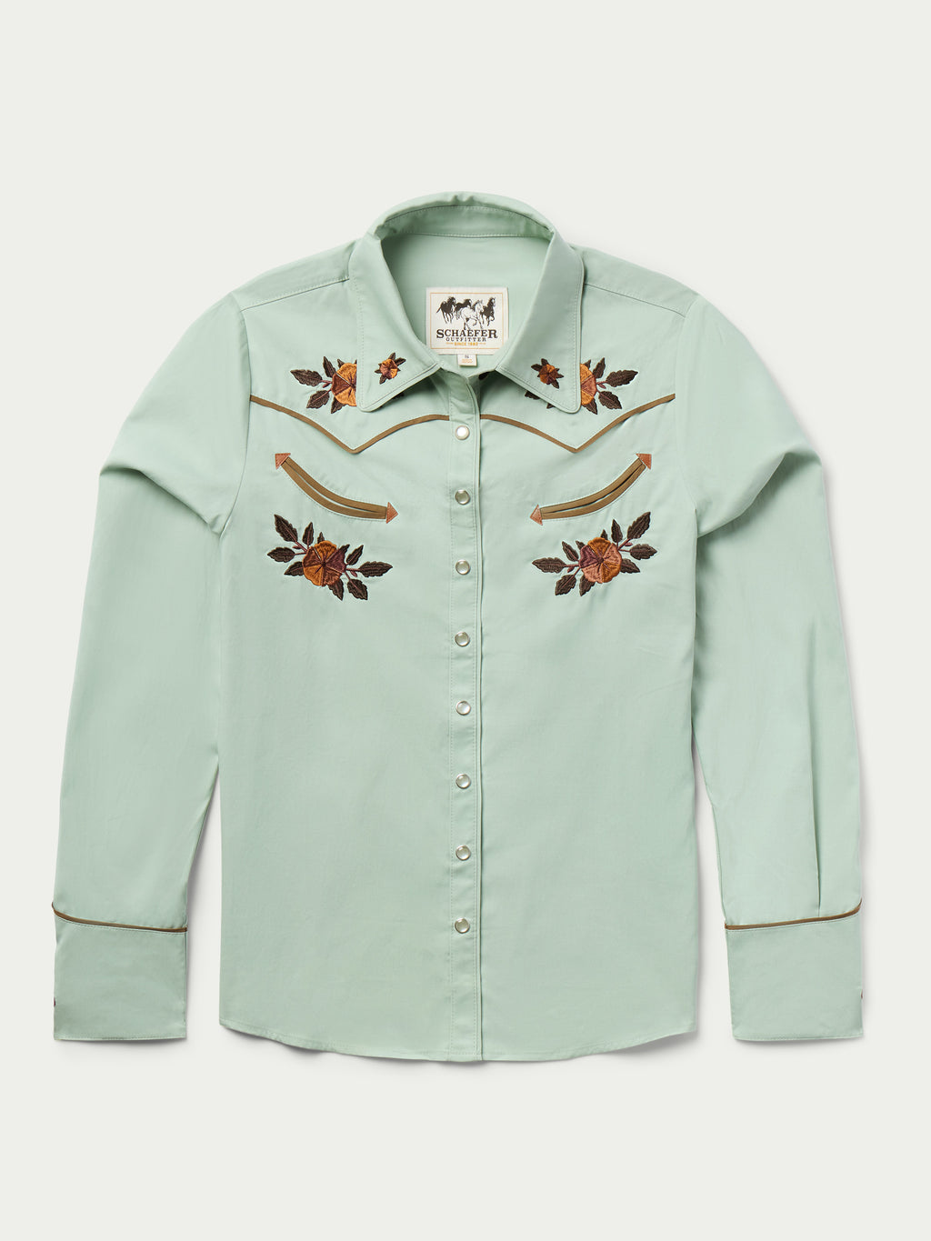 Jade embroidered snap shirt with long sleeves and floral accents at yoke and chest