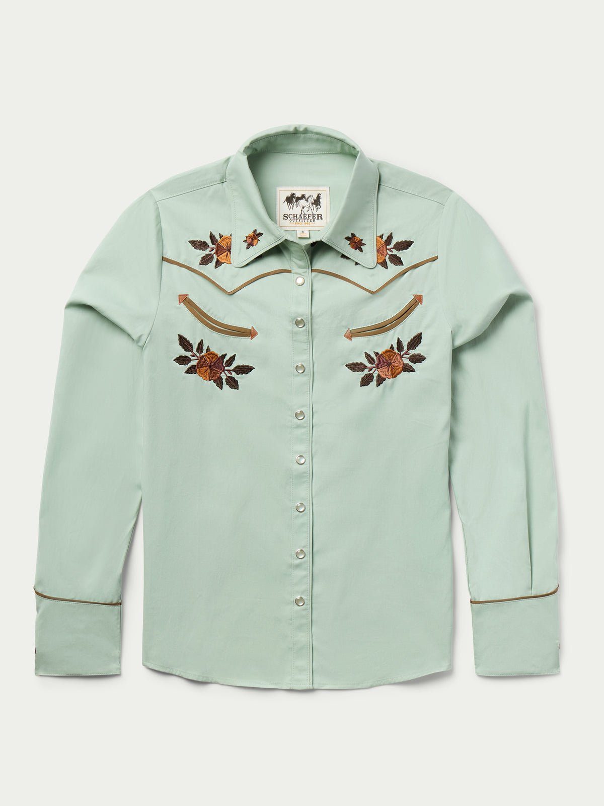 Jade embroidered snap shirt with long sleeves and floral accents at yoke and chest