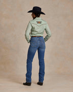 Jade embroidered snap shirt back view with floral detail at upper yoke