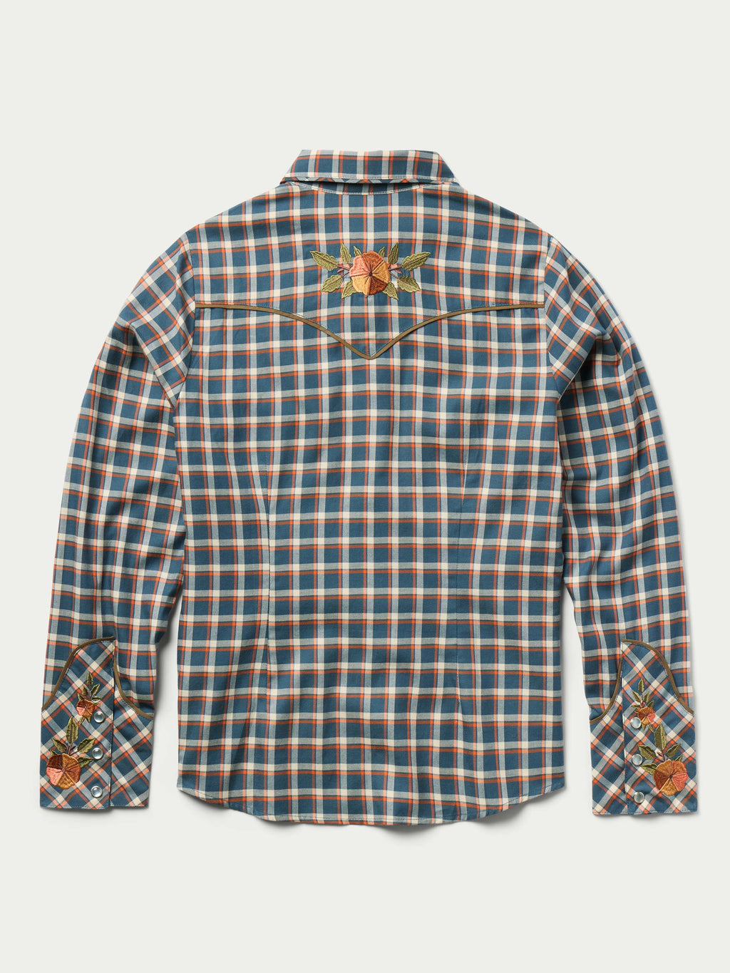 Women’s embroidered snap shirt, blue plaid back with yoke and floral embroidery