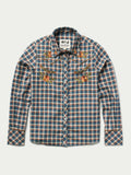 Women’s embroidered snap shirt, front blue plaid with floral embroidery and snap placket
