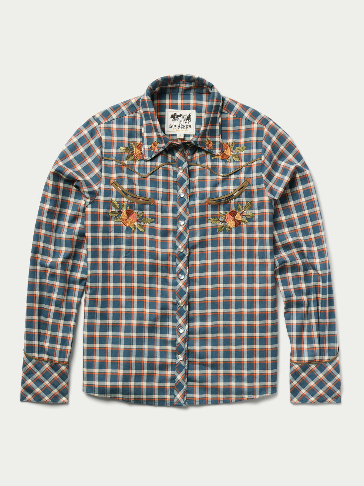 Women’s embroidered snap shirt, front blue plaid with floral embroidery and snap placket
