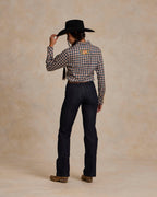 Embroidered snap shirt in blue and orange plaid, long sleeves, western-style yoke