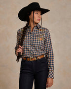 Embroidered blue-and-orange plaid snap shirt with chest yoke embroidery, long sleeves