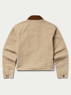 Beige jacket back view with brown corduroy collar and snap cuffs