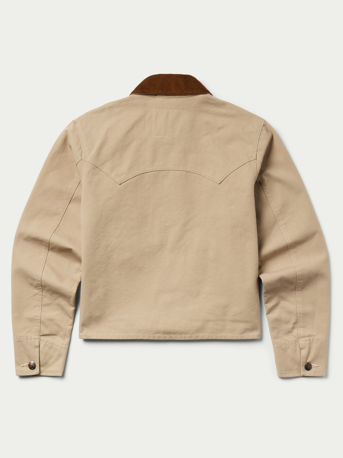 Beige jacket back view with brown corduroy collar and snap cuffs