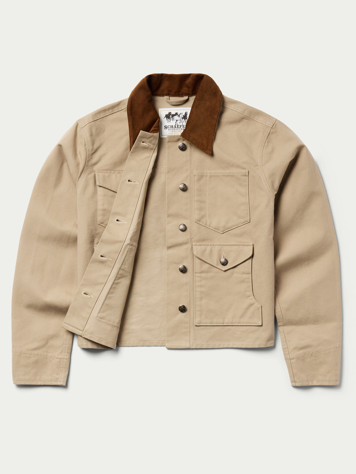 Beige women’s brush jacket with brown corduroy collar and four-pocket design