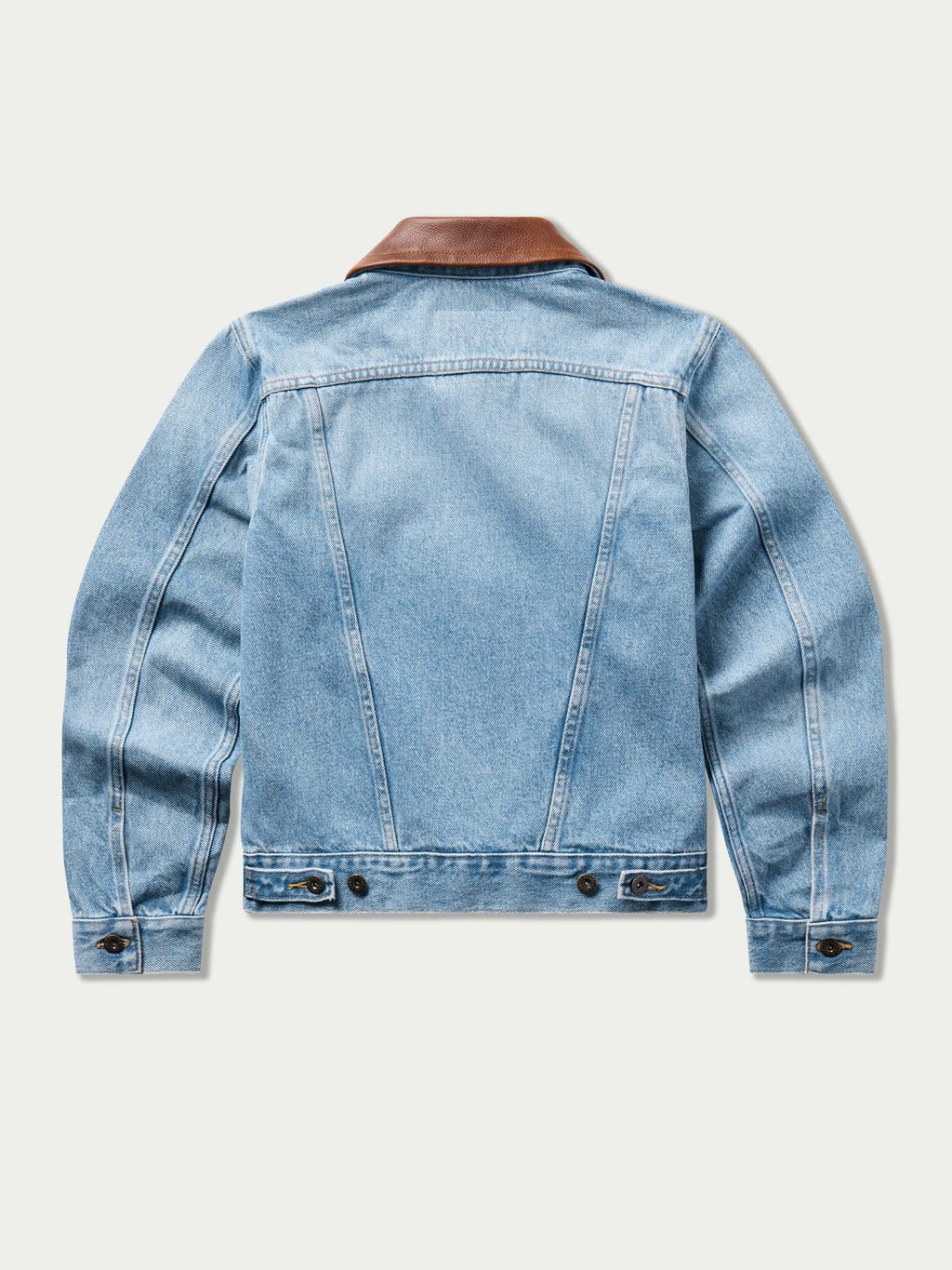 Light wash denim jacket with brown leather-style collar and snap-front