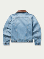 Light wash denim jacket with brown leather-style collar and snap-front