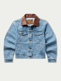 Light wash denim jacket with brown collar and chest button pockets