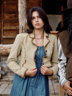 Buttercream suede jacket with whipstitch trim and button front, stand collar
