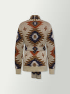 Women's belted sweater back view, cream with geometric pattern and waist tie.