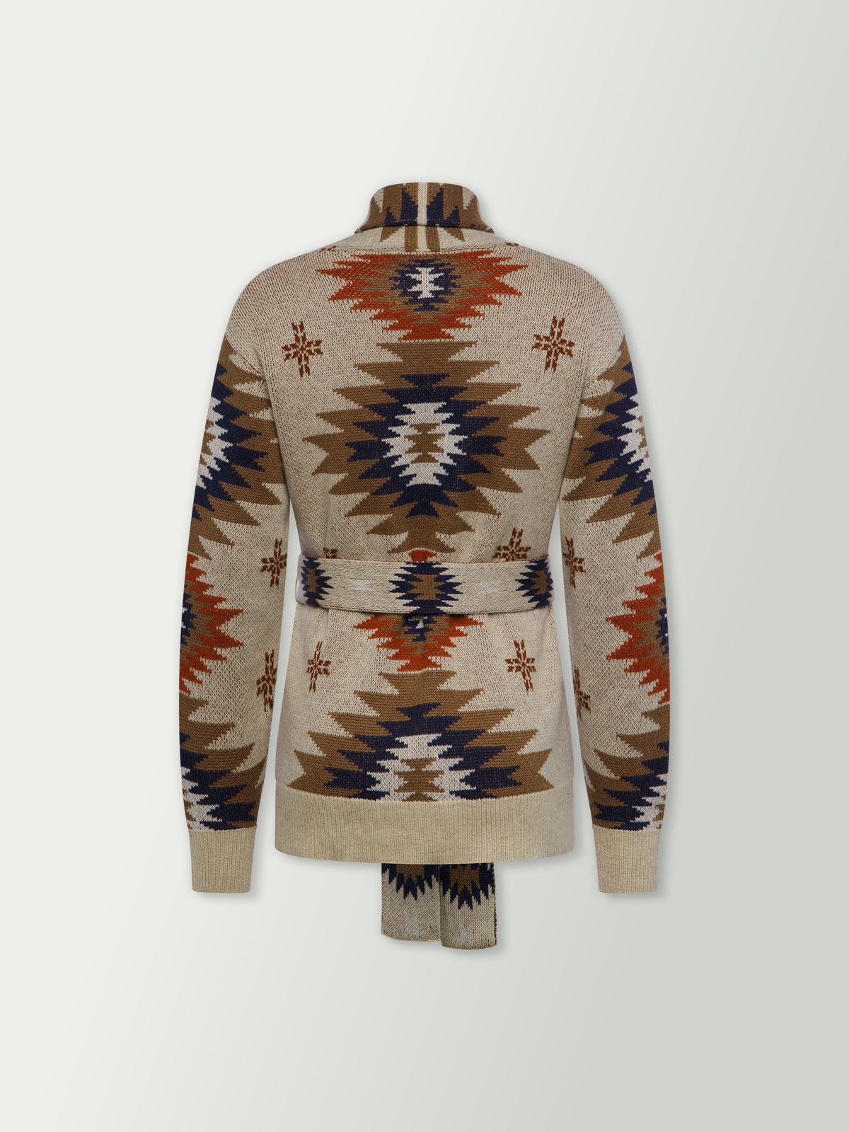 Women's belted sweater back view, cream with geometric pattern and waist tie.