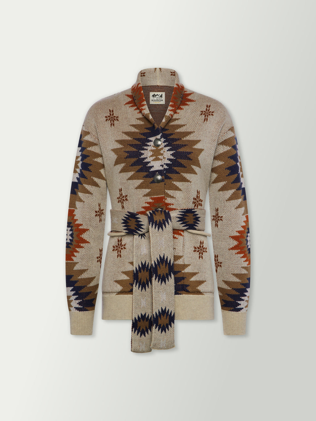 Women's belted sweater front view, cream knit with V-neck geometric pattern and tie.