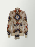 Women's belted sweater front view, cream knit with V-neck geometric pattern and tie.