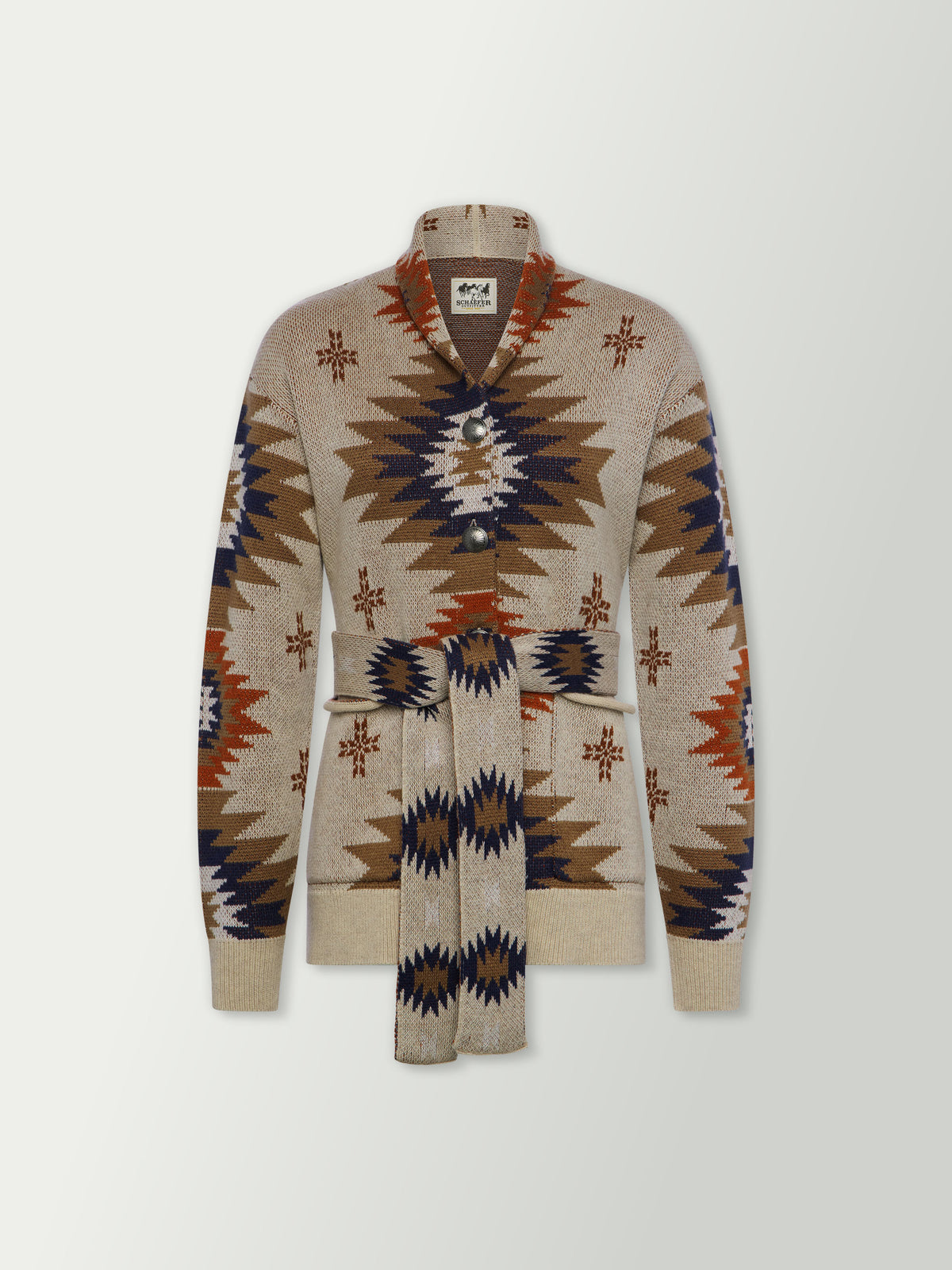 Women's belted sweater front view, cream knit with V-neck geometric pattern and tie.