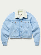Light wash denim jacket with cream sherpa-lined collar and chest pockets