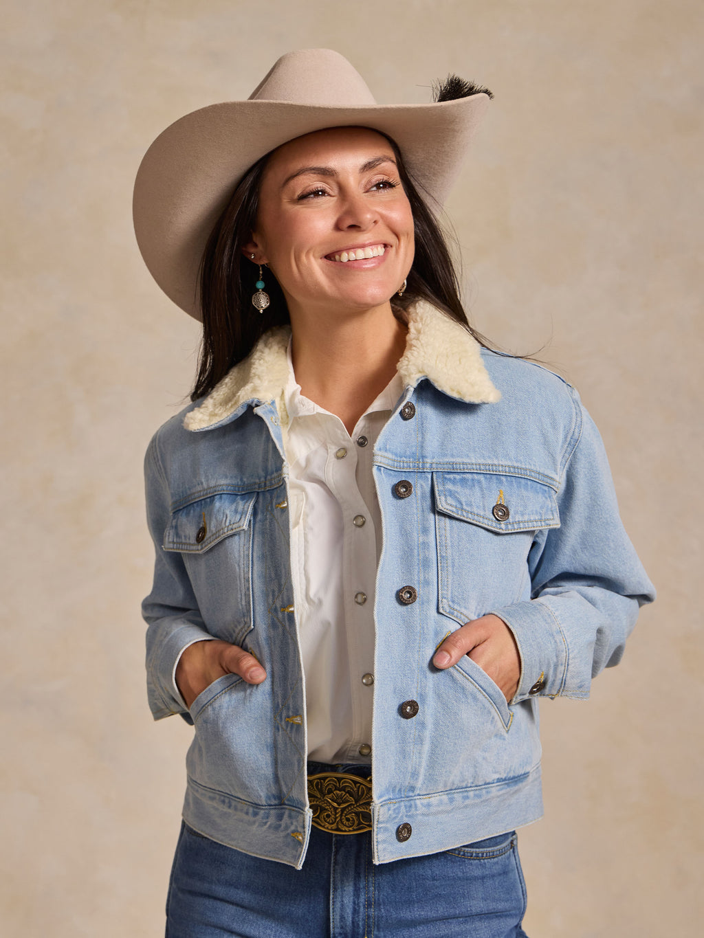 Light wash sherpa-lined denim jacket, button front, sherpa collar, chest pockets