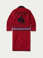Women's blanket coat, crimson with black back graphic and patterned hem band