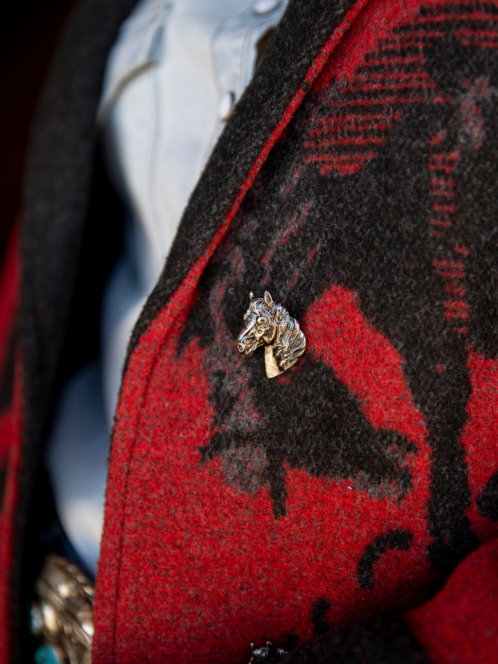 Close-up of crimson and dark gray blanket coat with ornate metal animal button