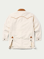 Natural drifter coat, back view; snap front, corduroy collar, chest pockets