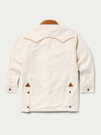 Natural drifter coat back; curved yoke seam, snap cuffs, corduroy collar