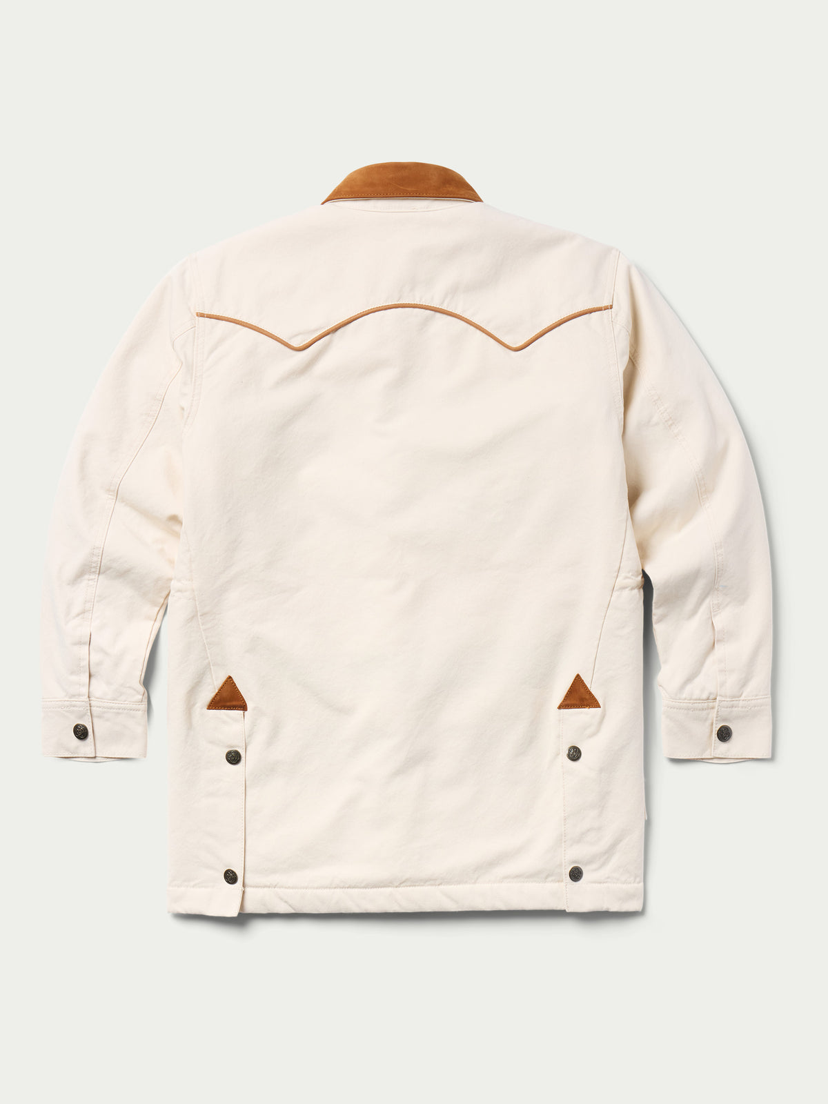 Natural drifter coat back; curved yoke seam, snap cuffs, corduroy collar