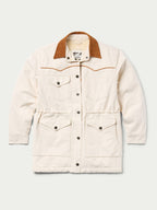 Natural drifter coat front view; button placket, two chest flap pockets, corduroy collar