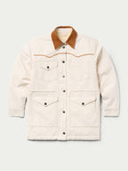 Natural drifter coat front; button placket, two flap pockets, brown corduroy collar