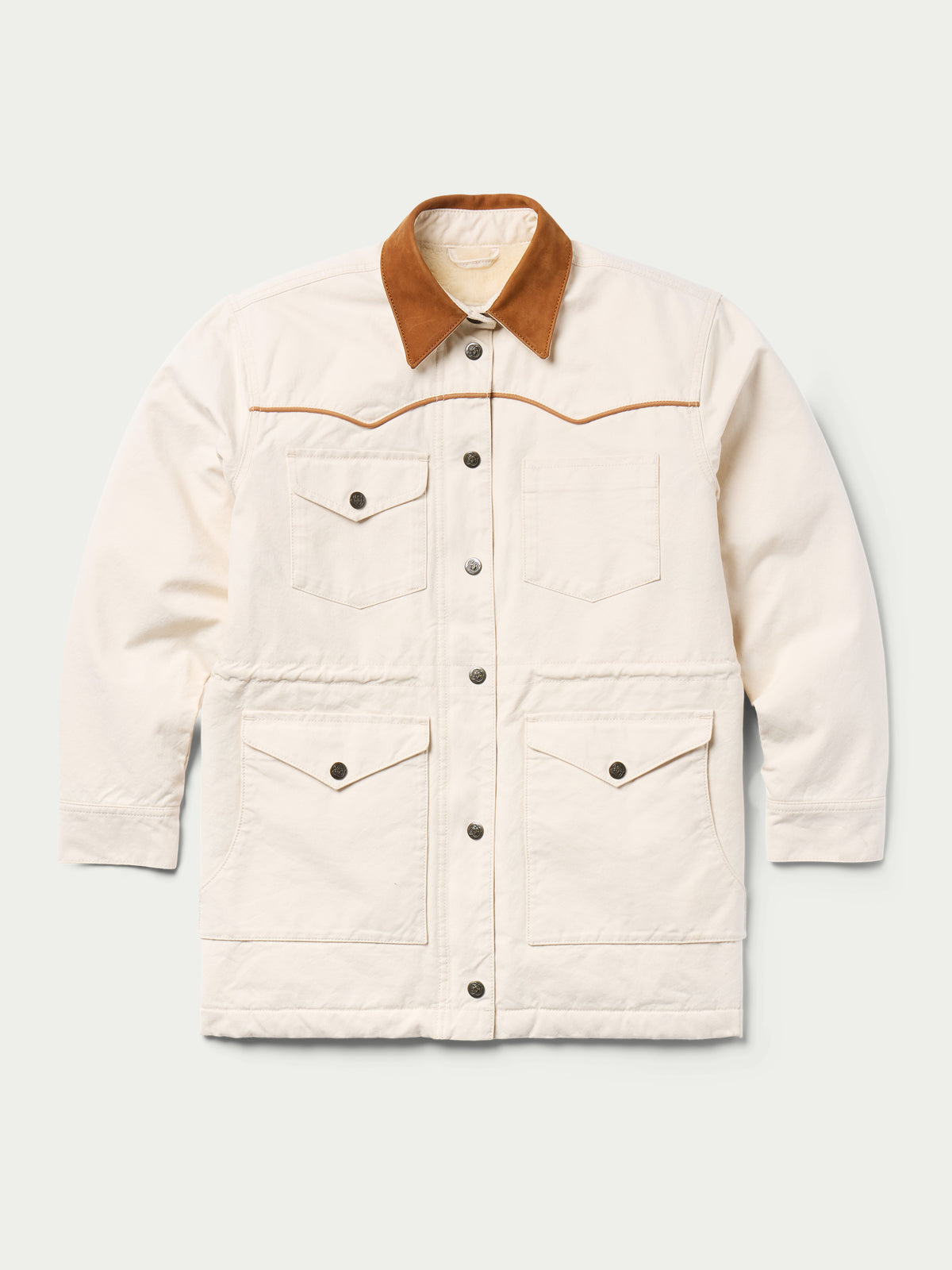 Natural drifter coat front; button placket, two flap pockets, brown corduroy collar