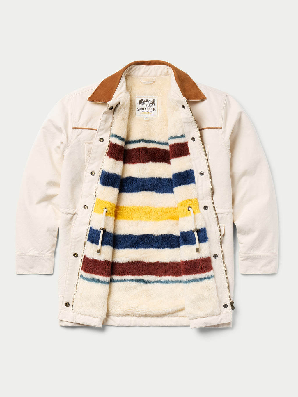 Natural drifter coat with tan suede-style collar, snap front, and striped lining