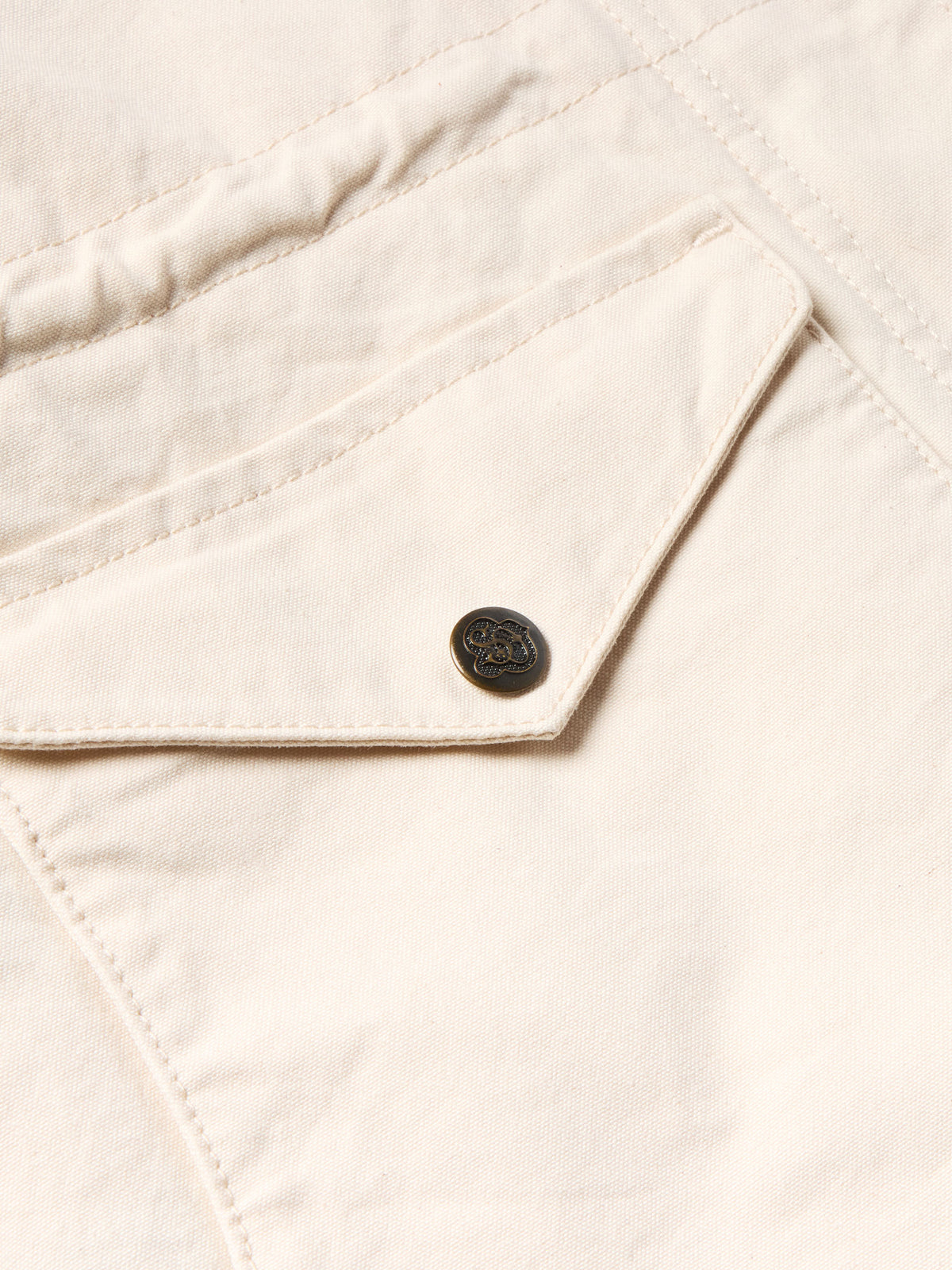 Off-white coat sleeve cuff detail with snap button and stitched seam
