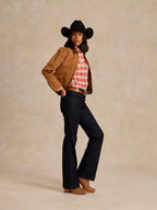 Saddle-brown ranch jacket with side snap detail and wide sleeves, side view
