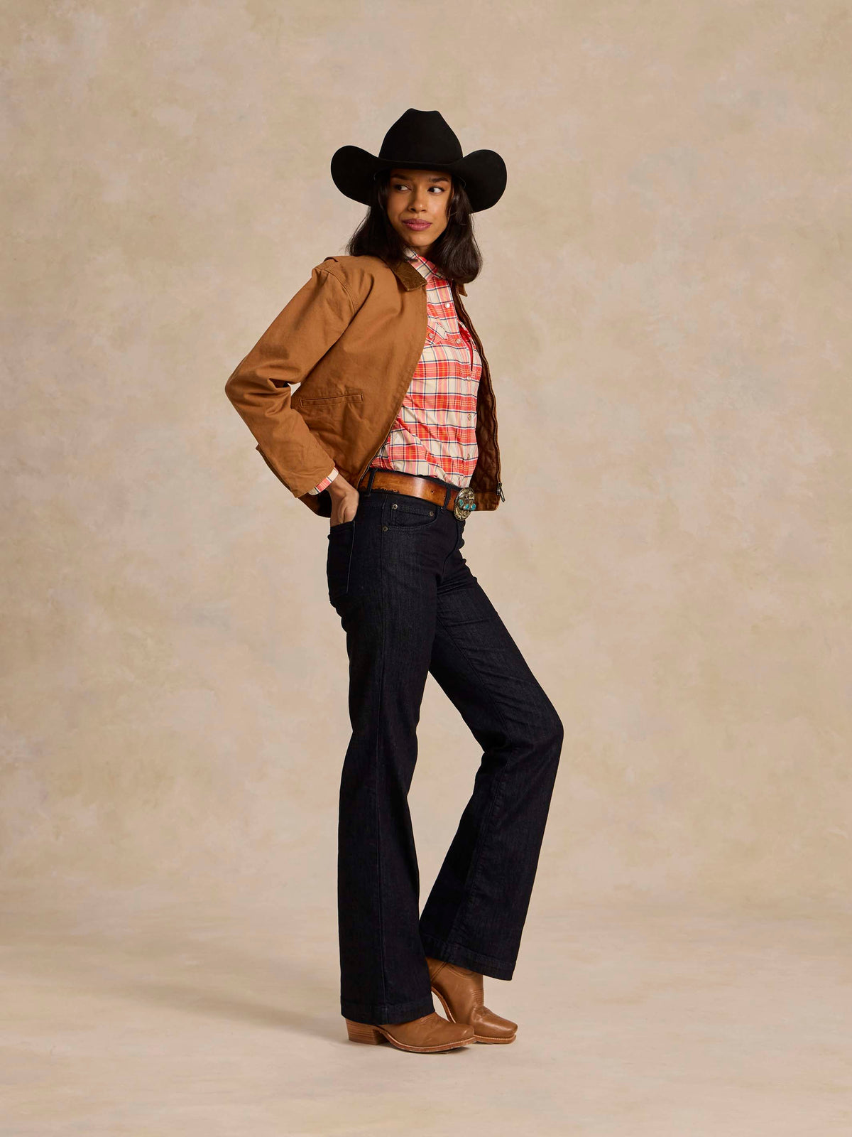 Saddle-brown ranch jacket with side snap detail and wide sleeves, side view