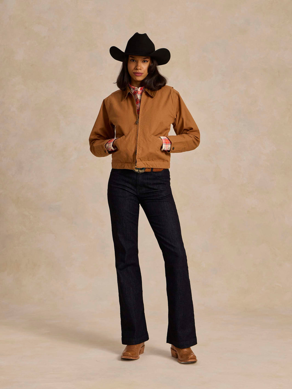Saddle-brown ranch jacket with logo patch on chest pocket, full body front view
