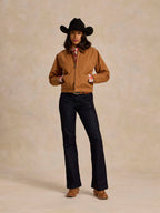 Saddle-brown ranch jacket with logo patch on chest pocket, full body front view