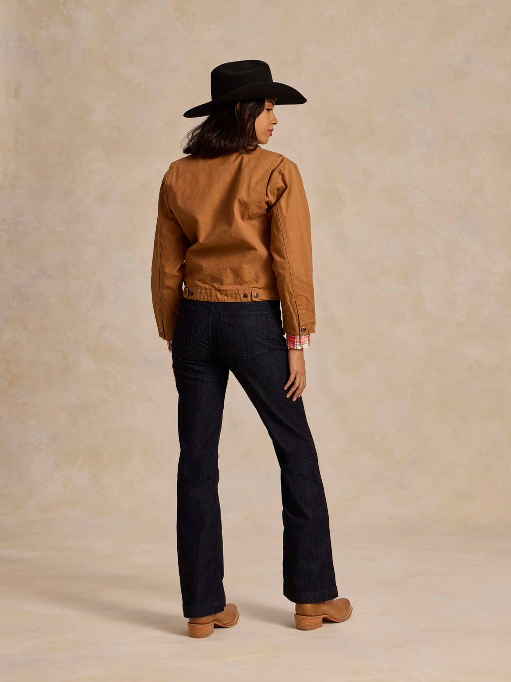 Saddle-brown ranch jacket back view with yoke seams and cropped hem