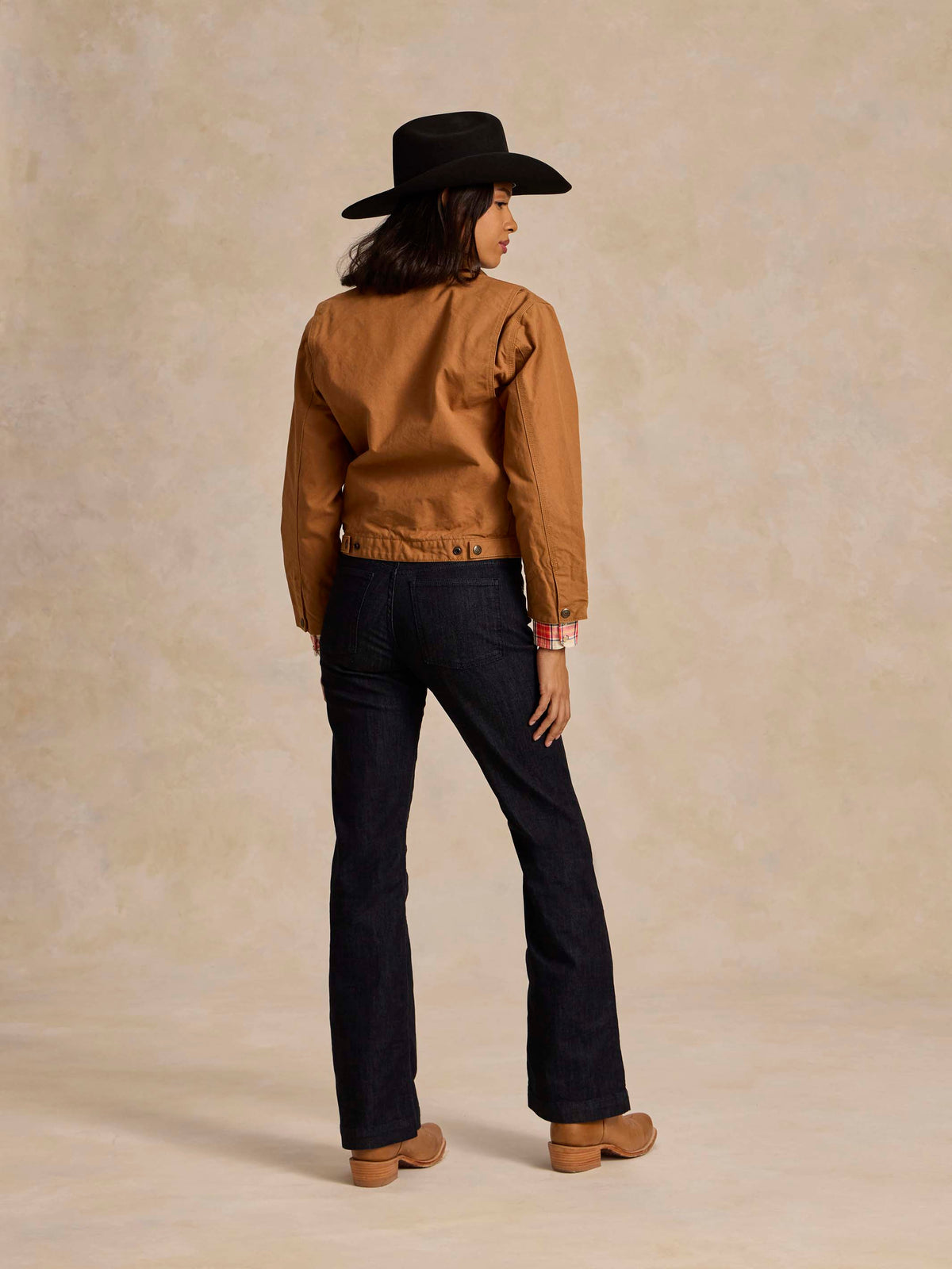 Saddle-brown ranch jacket back view with yoke seams and cropped hem