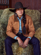 Saddle-brown women's ranch jacket with snap front and chest pocket, full body view