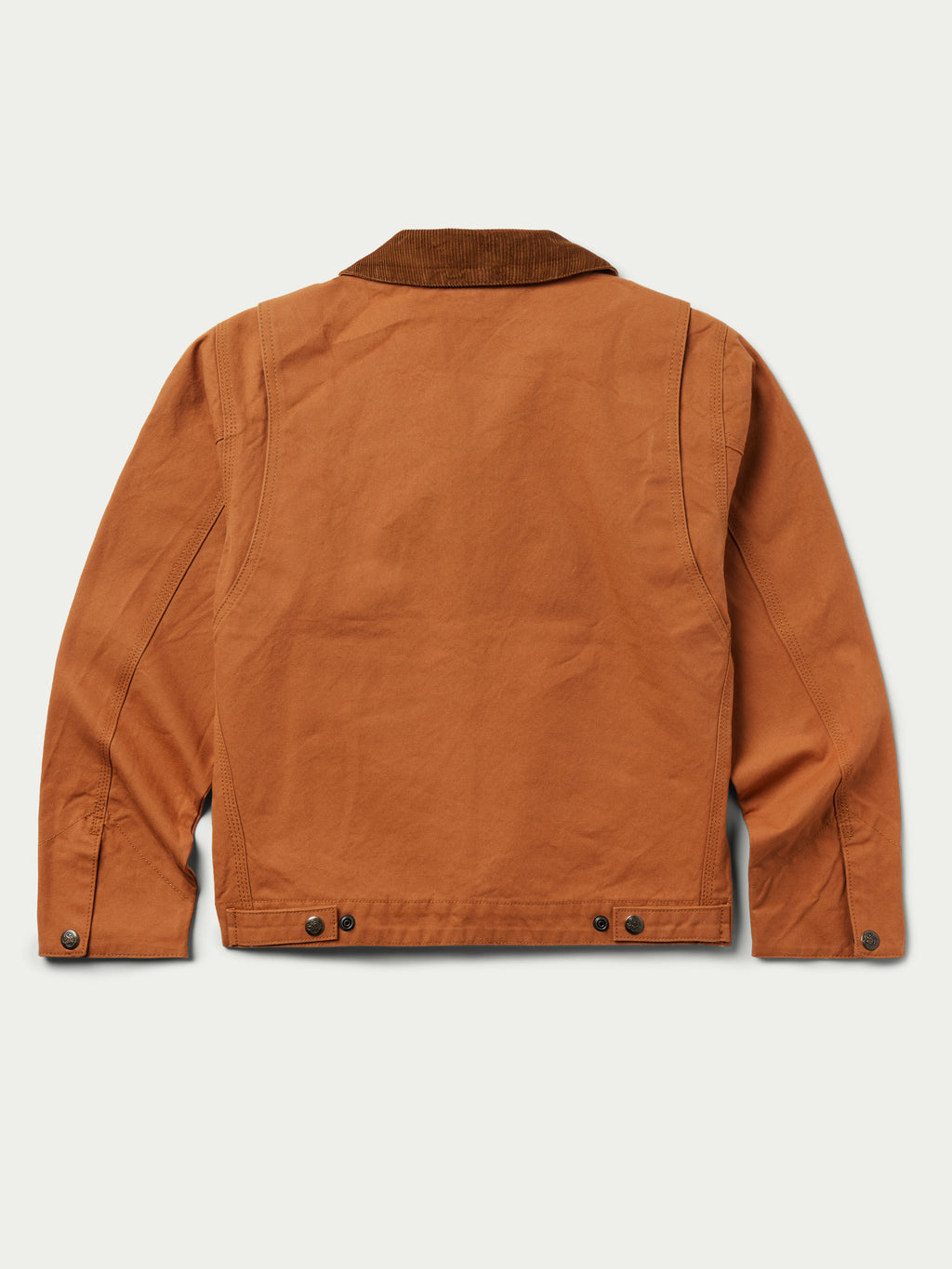 Women’s rust-orange ranch jacket, back view with snap cuffs and dark button placket