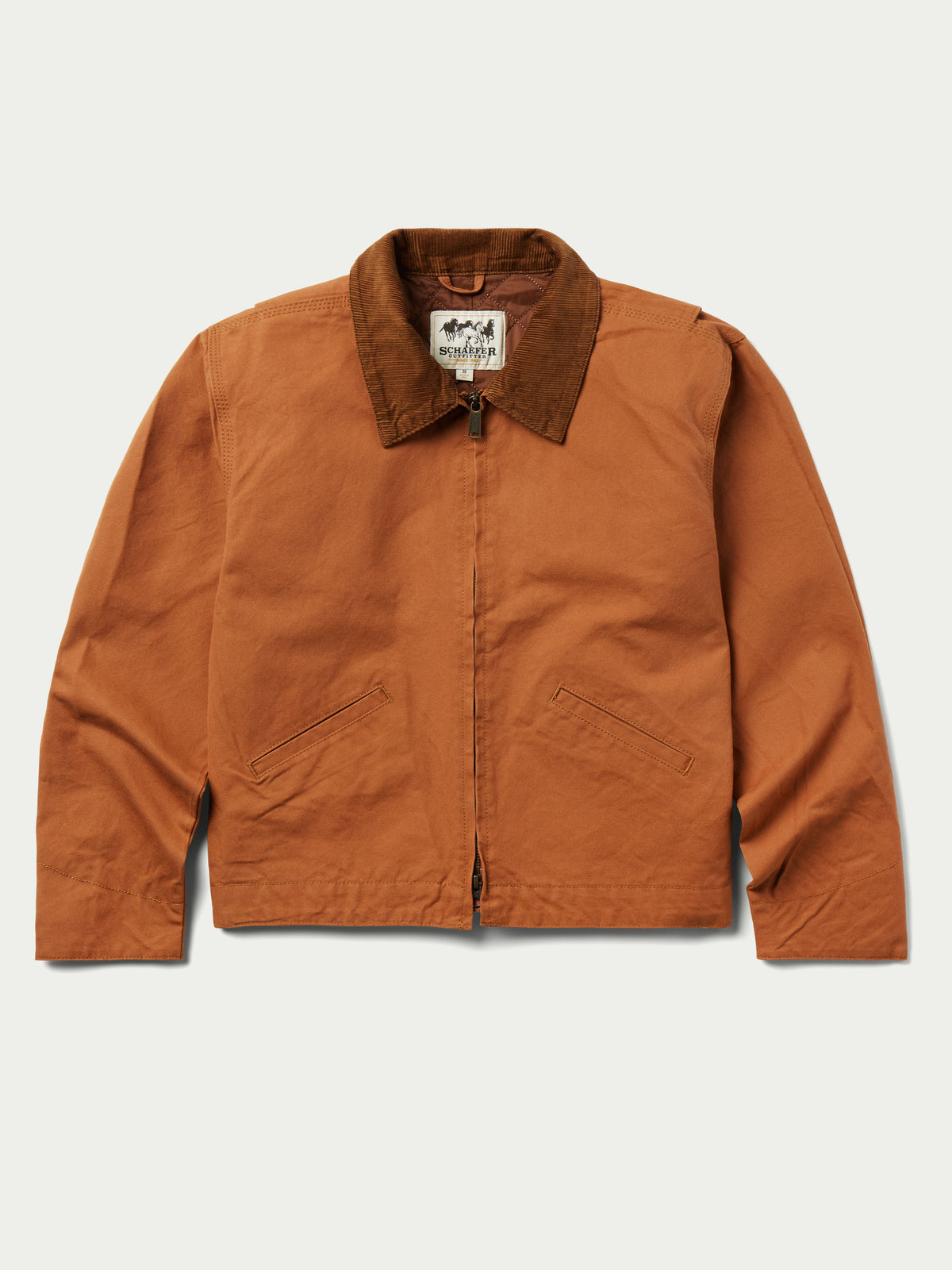 Women’s rust-orange ranch jacket with button front and dark-brown corduroy collar