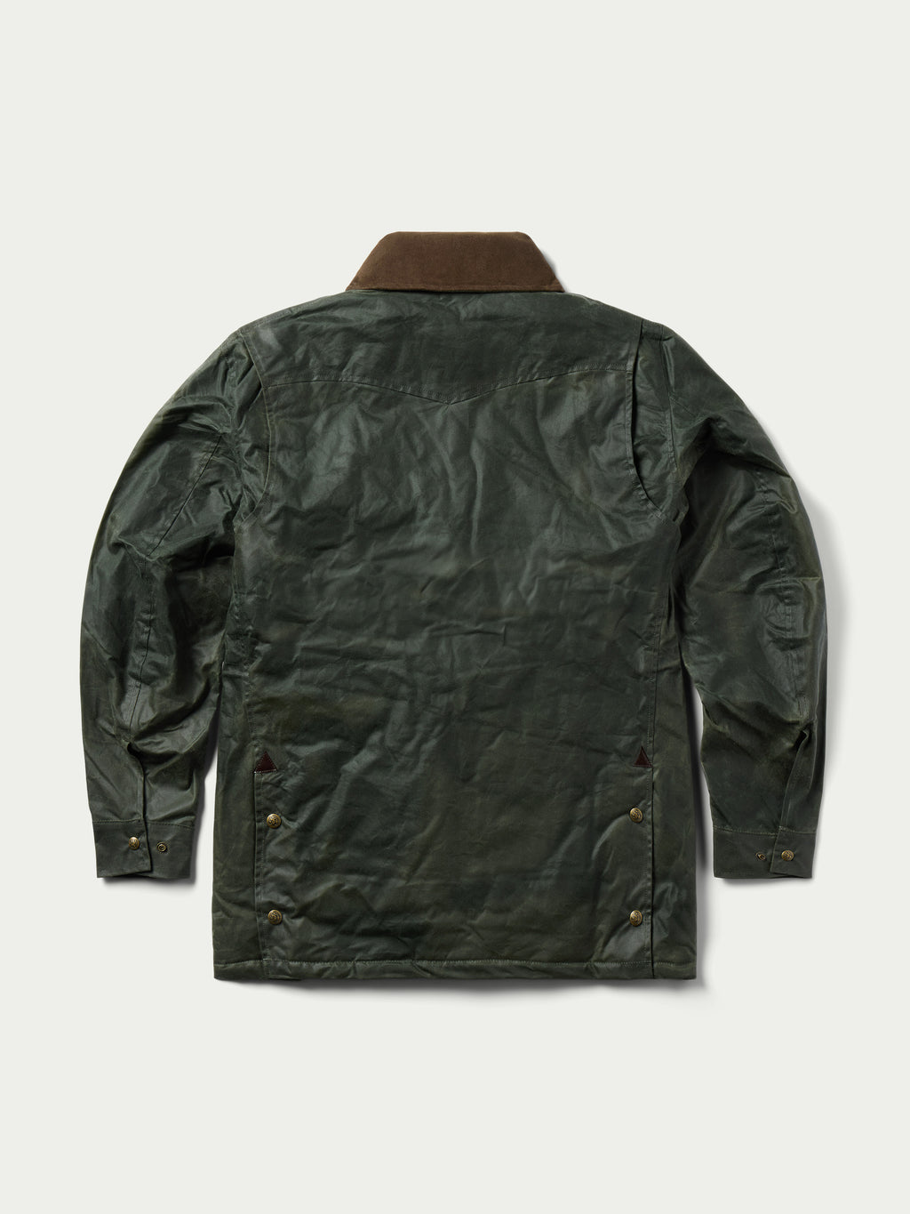 Dark green waxed barn coat with brown corduroy collar and brass snap buttons, back view.